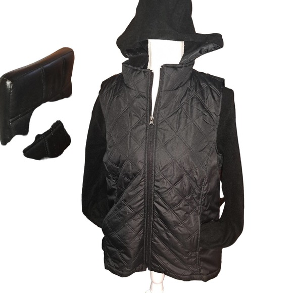 NIB-Med Denim&Co Black Quilted Zip Front Vest Removable Fleece Hoodie - Picture 8 of 9